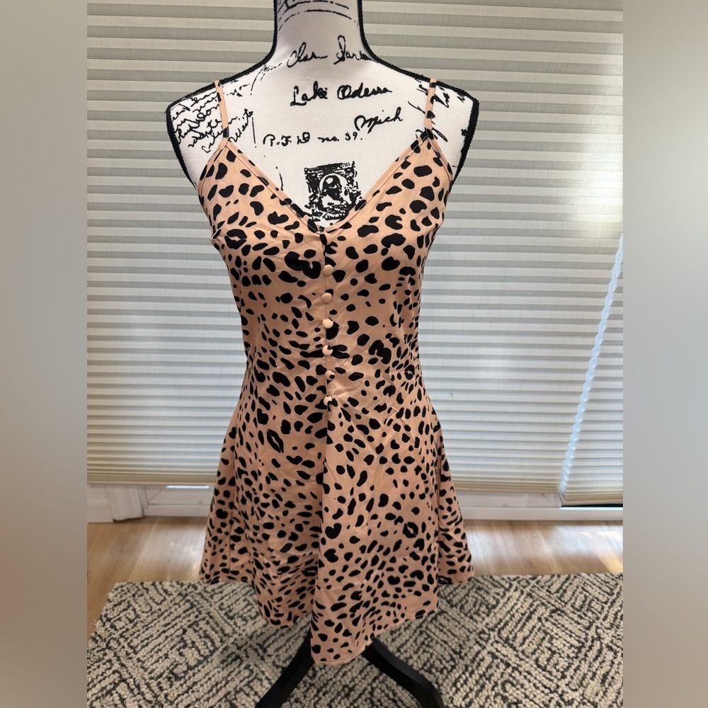 Satin Leopard Print Slip Dress - Blush with Black Spots
